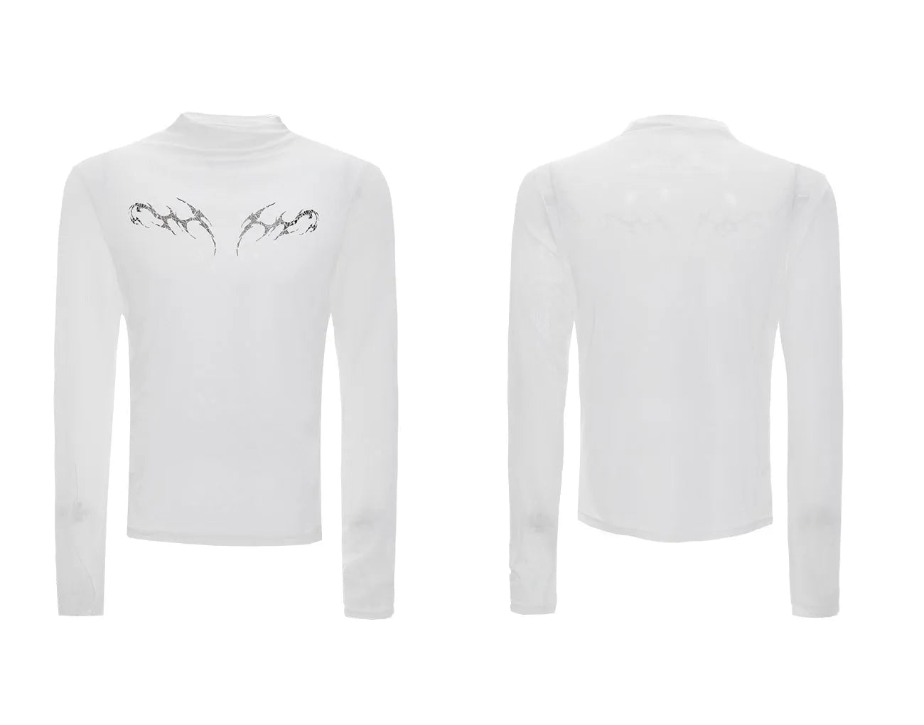 Man wearing a black niche mesh slim-fit long sleeve shirt showing texture and fit.