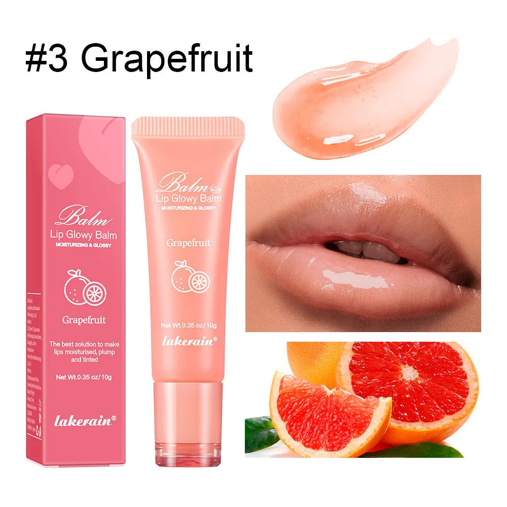 Women's fruit flavour lip gloss in berry, grape, grapefruit, or yellow peach colour.