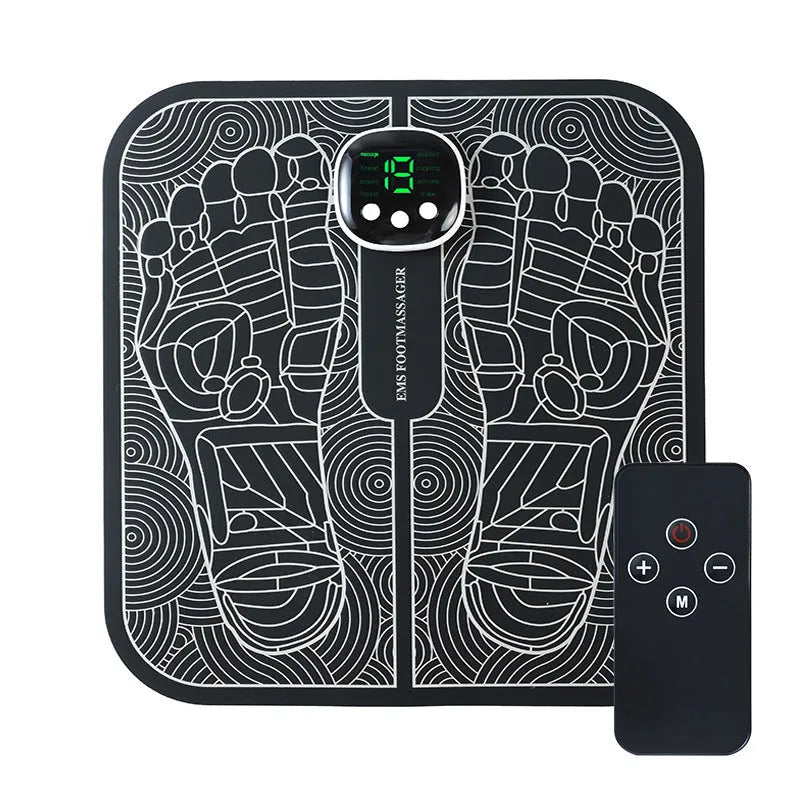 Blue rechargeable foot massager mat with remote control on a wooden floor.