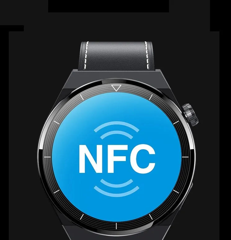 Round smart watch with Bluetooth calling and NFC access control on silicone strap