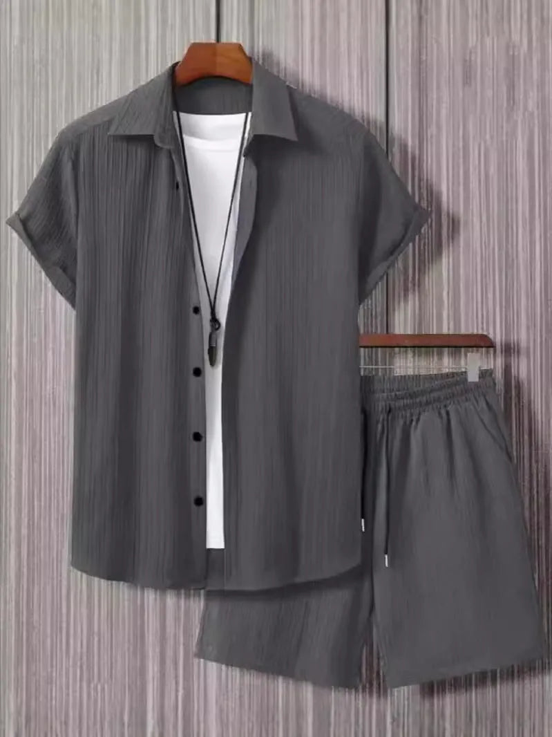 Black and white jacquard short sleeve suit set with shirt and shorts in solid color