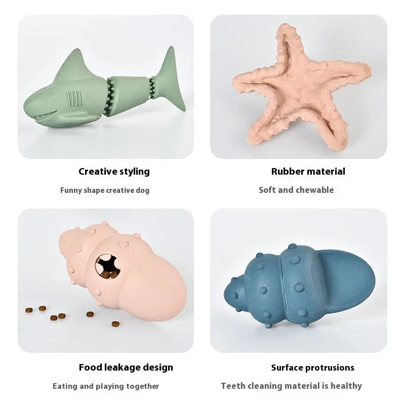 Blue and green deep sea shark shaped rubber dog chew toy for interactive feeding