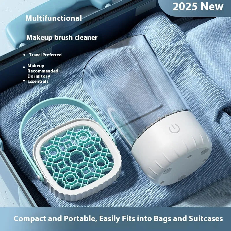 White plastic rechargeable electric makeup brush cleaner with USB cable