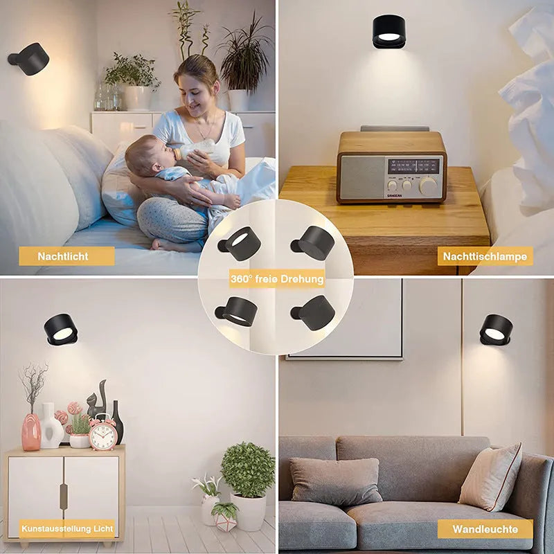 USB rechargeable LED wall lamp in white with ABS plastic housing and 7.5cm diameter