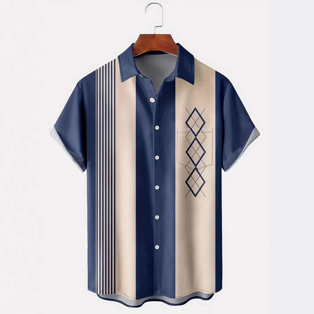 Man wearing loose fit plaid short sleeve shirt with lapel collar in contrasting colours