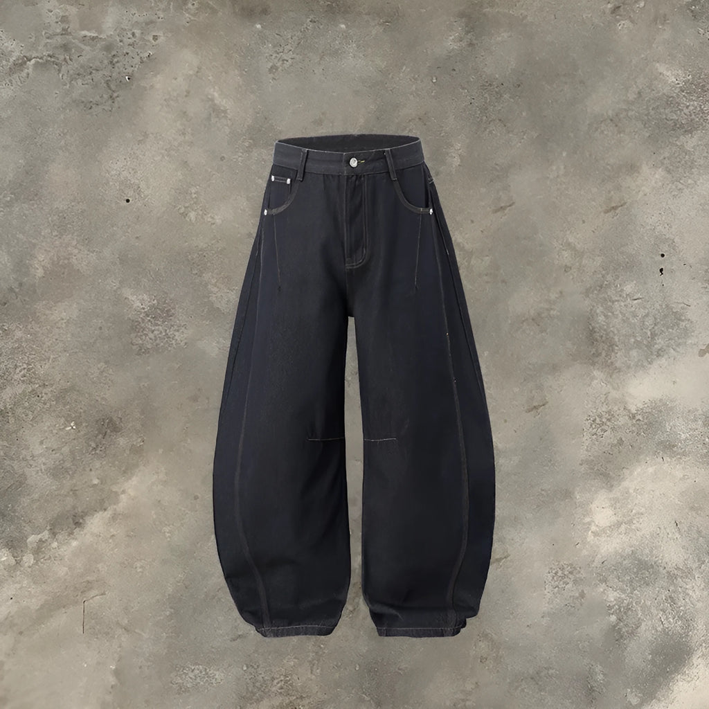 Men's wide leg denim trousers in original cow colour showing mid-waist design and cotton denim fabric