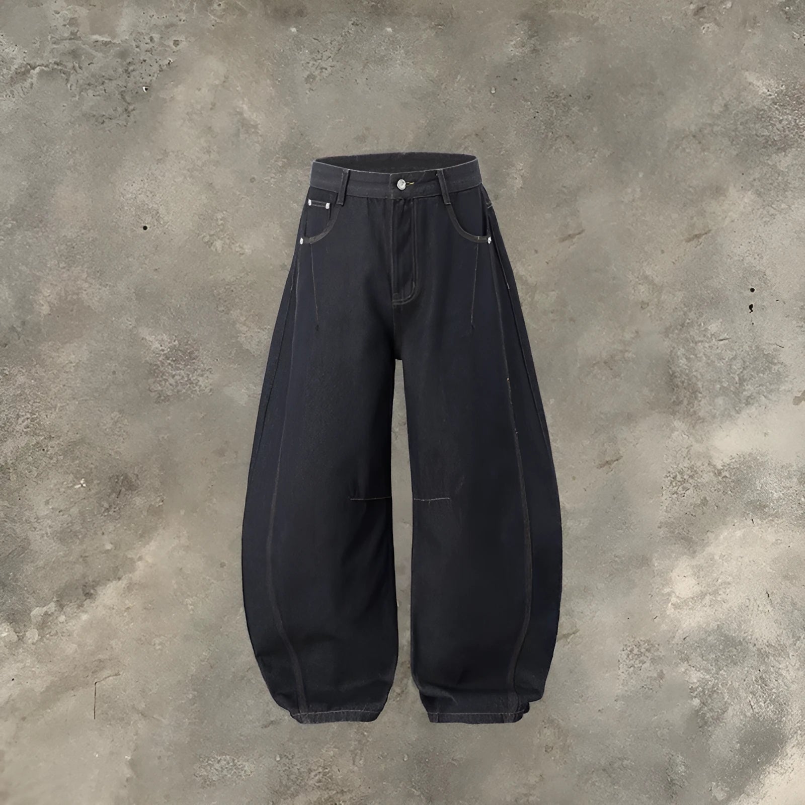 Men's wide leg denim trousers in original cow colour showing mid-waist design and cotton denim fabric