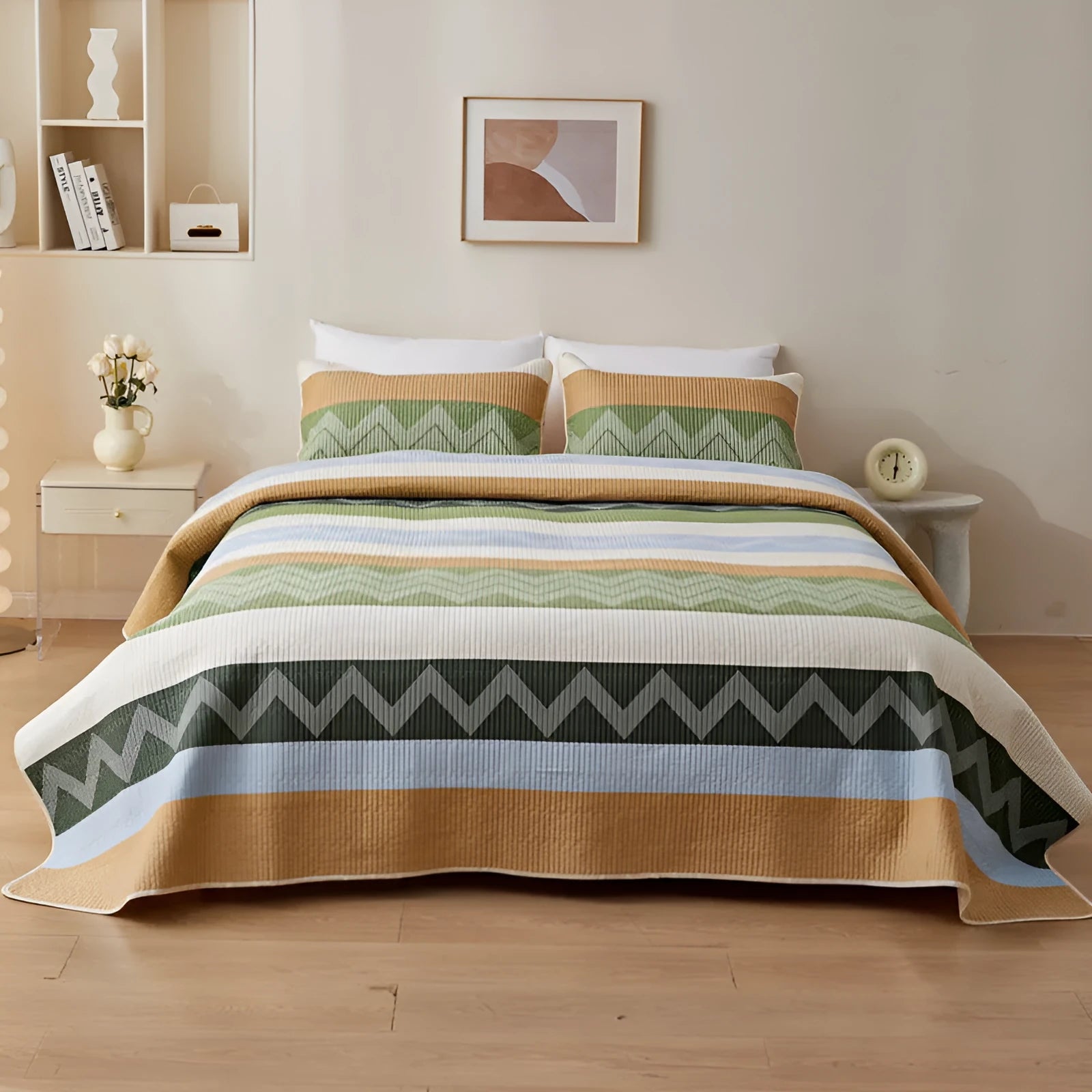 Pure cotton floral printed bed sheet and pillowcases laid flat on a bed.