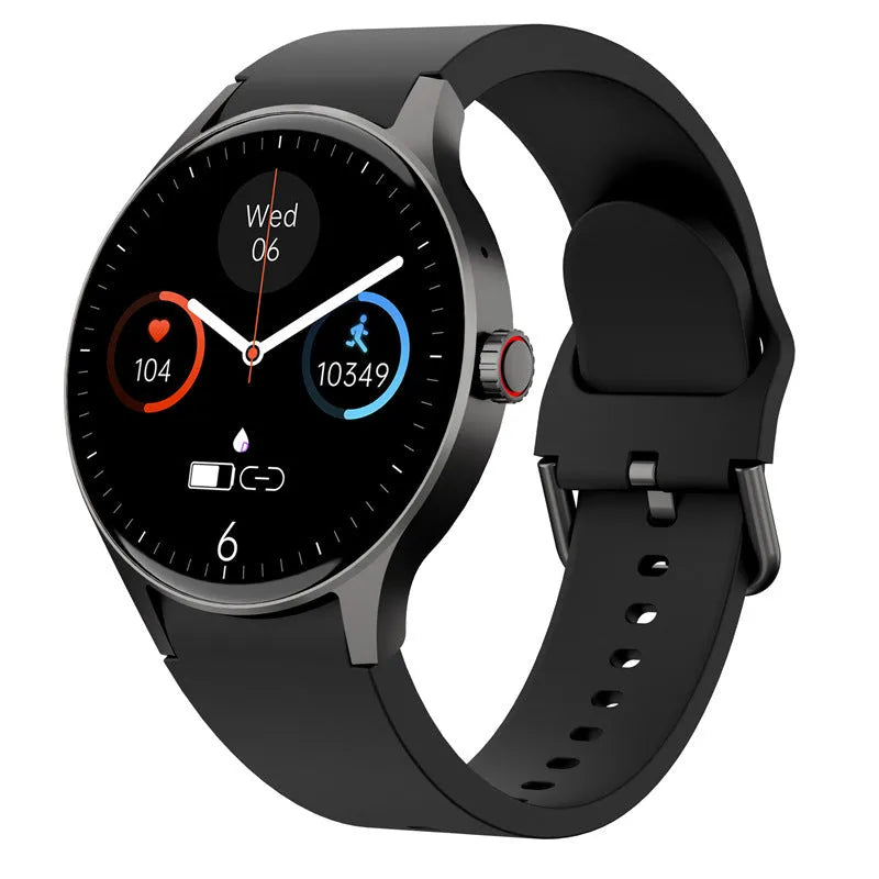 Black smart sport watch with a round touchscreen on a wrist, showing a fitness tracking interface.