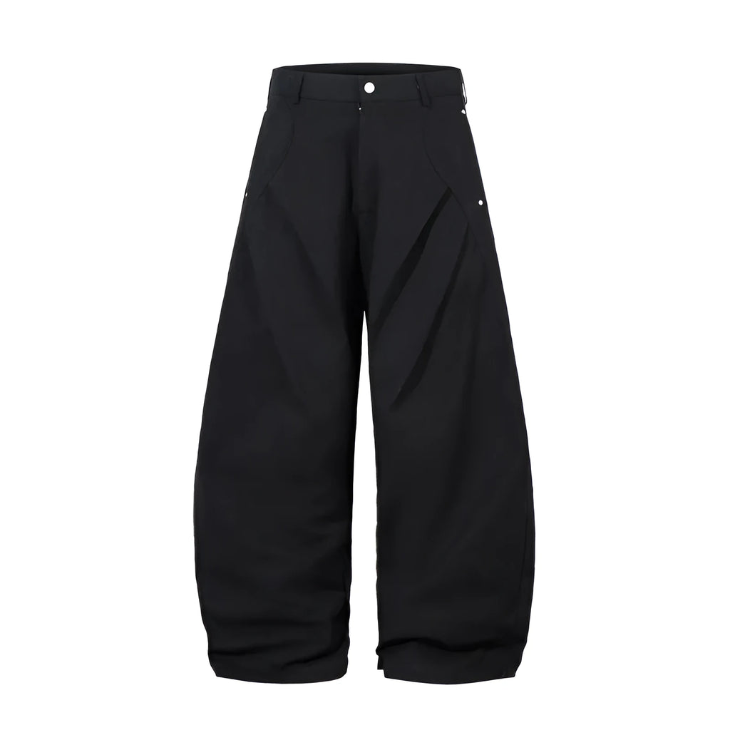Men's black pleated machete casual pants with loose-fitting wide-leg styling in cotton fabric
