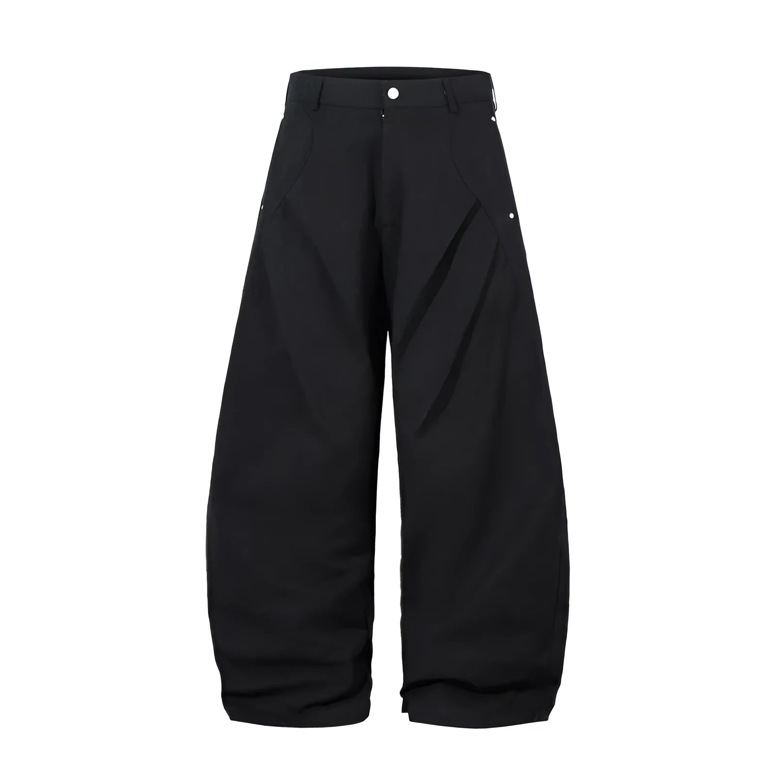 Men's black pleated machete casual pants with loose-fitting wide-leg styling in cotton fabric