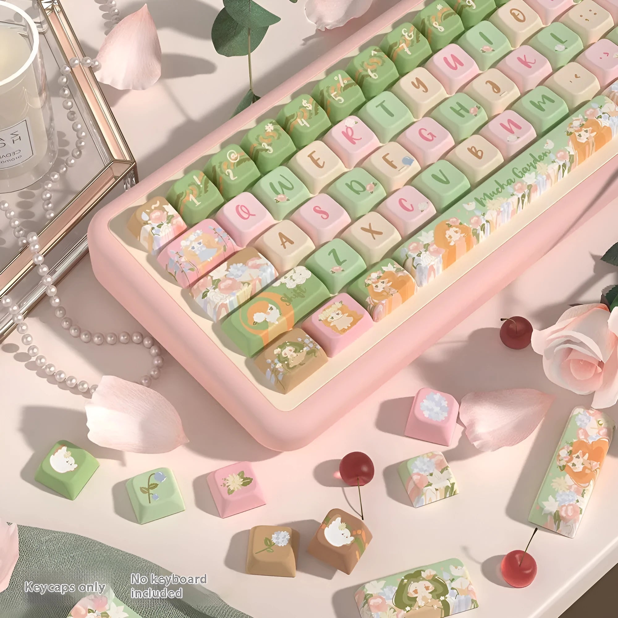 Mu Xia Garden Summer Garden design key cap set for mechanical keyboards, showing colourful graphic on keys.