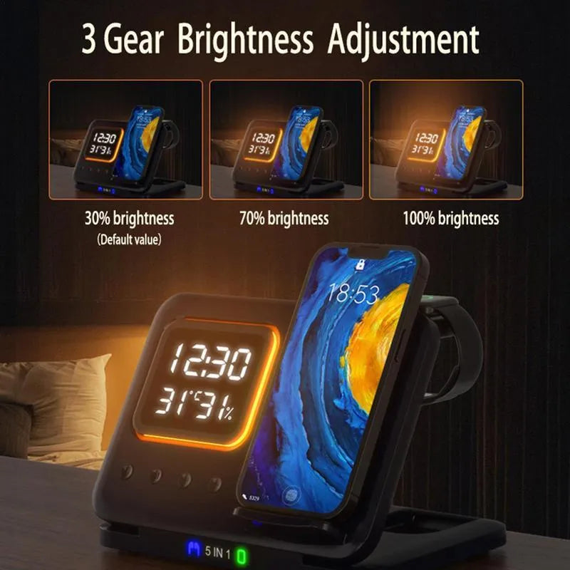 Black 15W wireless charging dock with phone, Apple Watch, and headphones on charging pads, showing LED digital clock display.