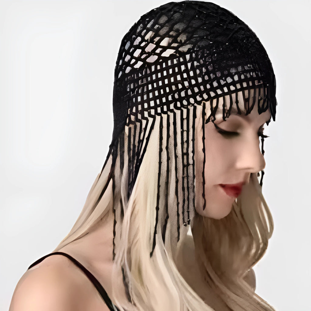 Belly dance hat with handmade beads, decorative mesh, and tassels in black or silver colour