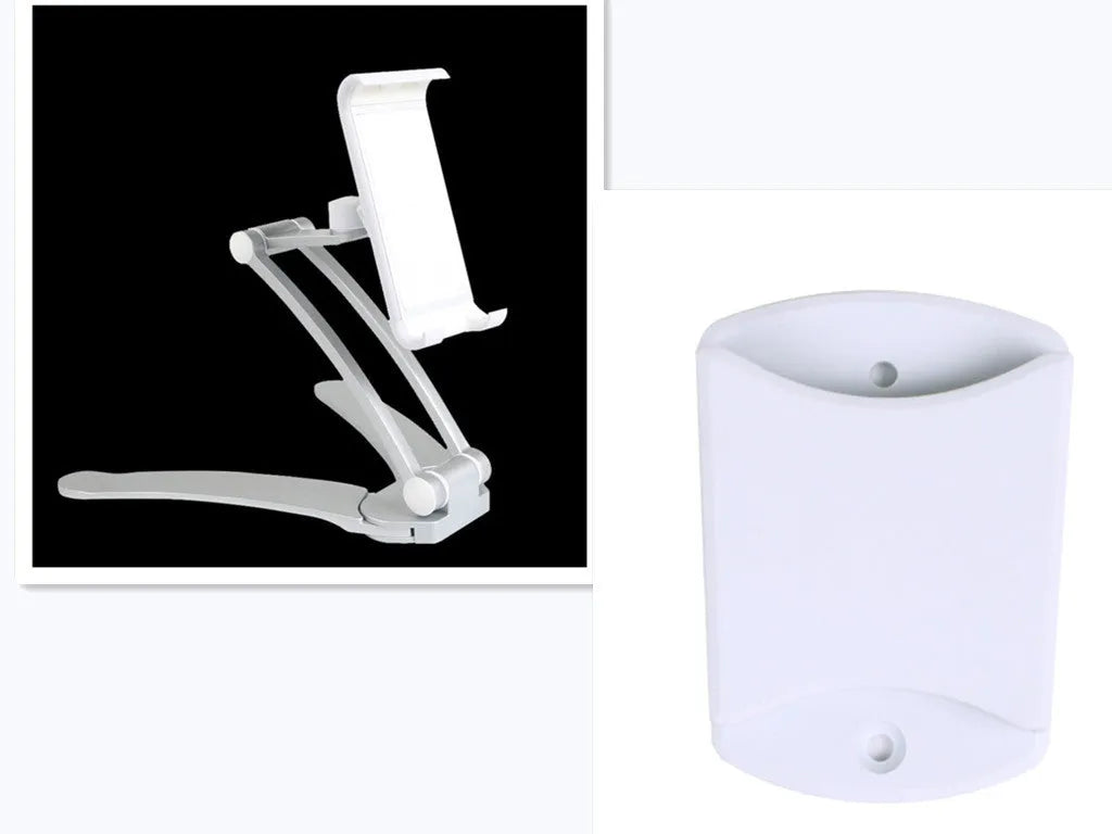 Silver aluminum alloy adjustable tablet stand holding a tablet with 360-degree rotation capability
