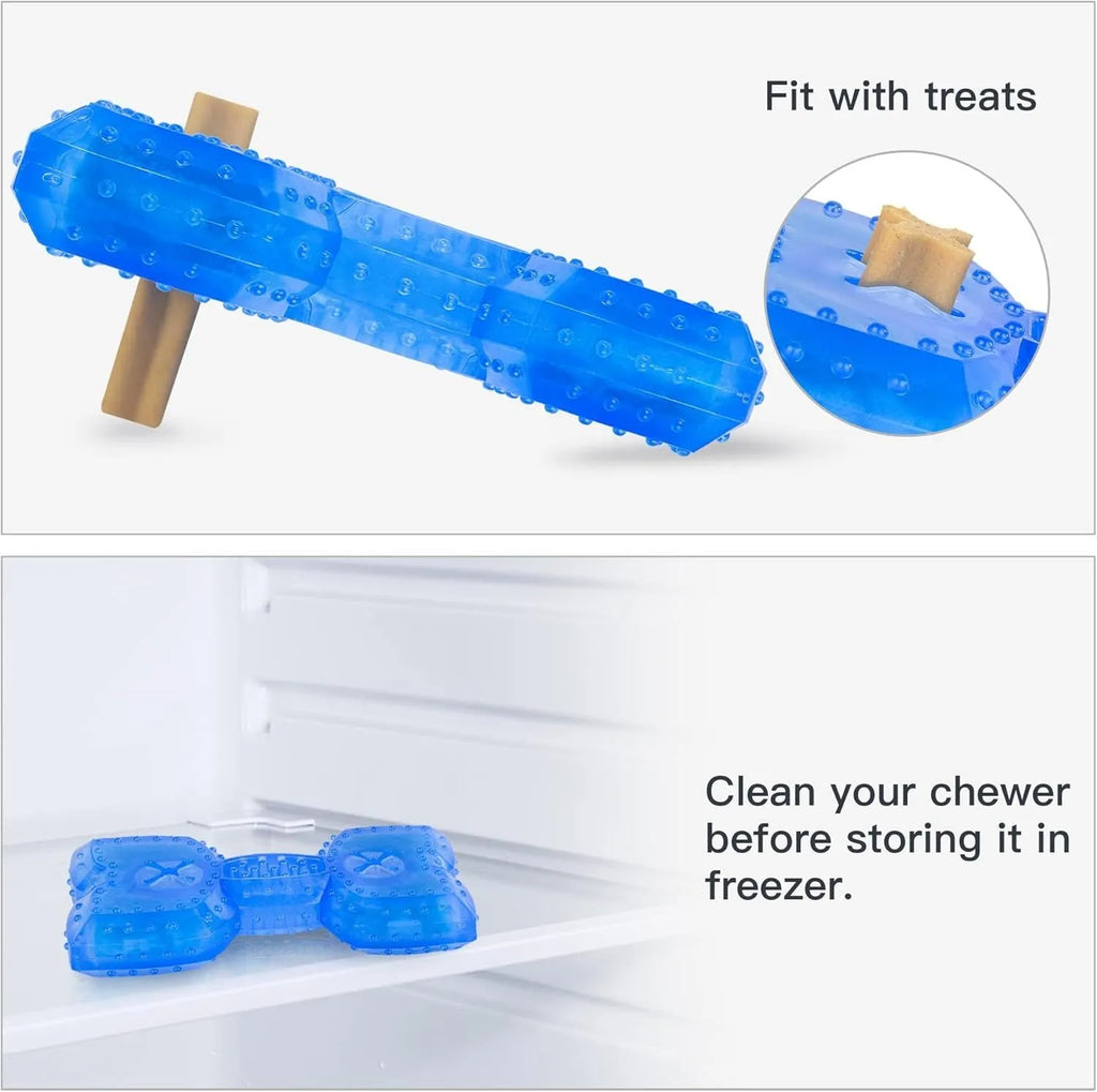 A freezable bone-shaped dog chew toy with a treat cavity, shown alongside a circle-shaped variant.