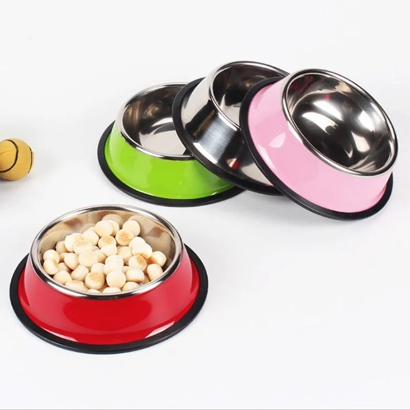 Stainless steel pet bowl with colourful melamine exterior and non-slip rubber base