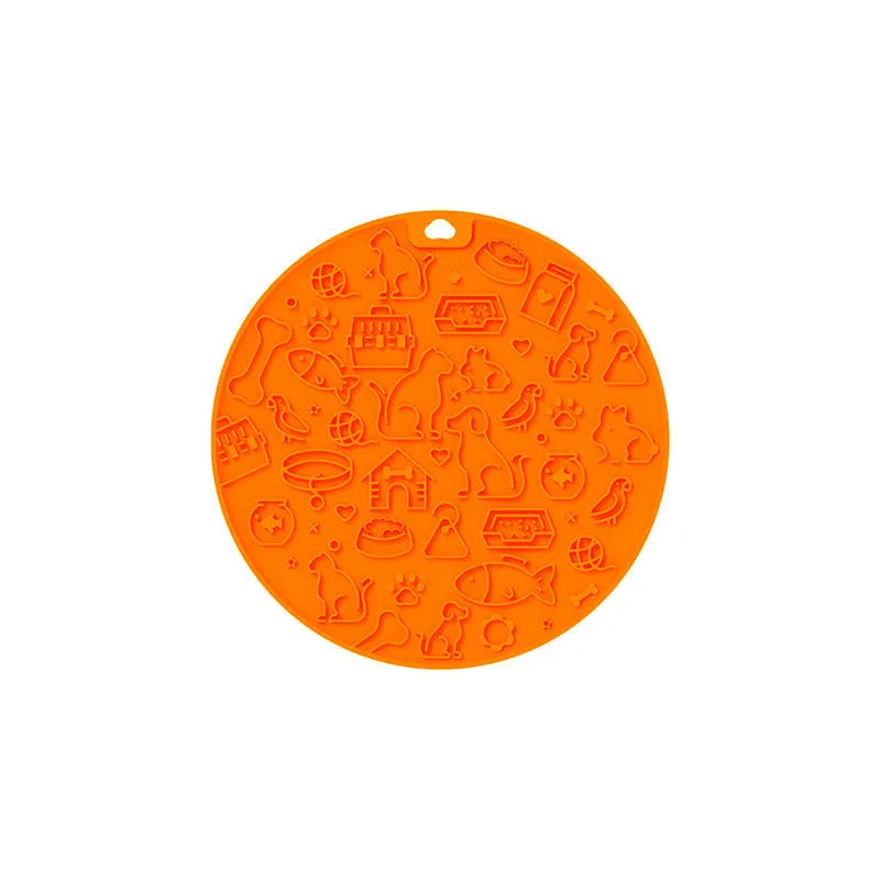 Round silicone pet licking mat with textured surface and suction cup on reverse, in blue colour.