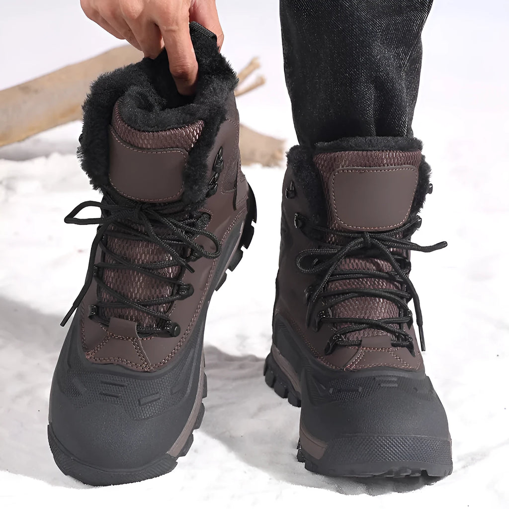 Men's black high-top lace-up boots with fleece lining, shown on a size chart