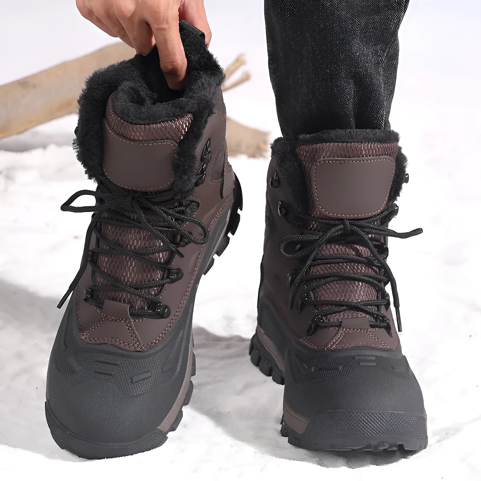Men's black high-top lace-up boots with fleece lining, shown on a size chart