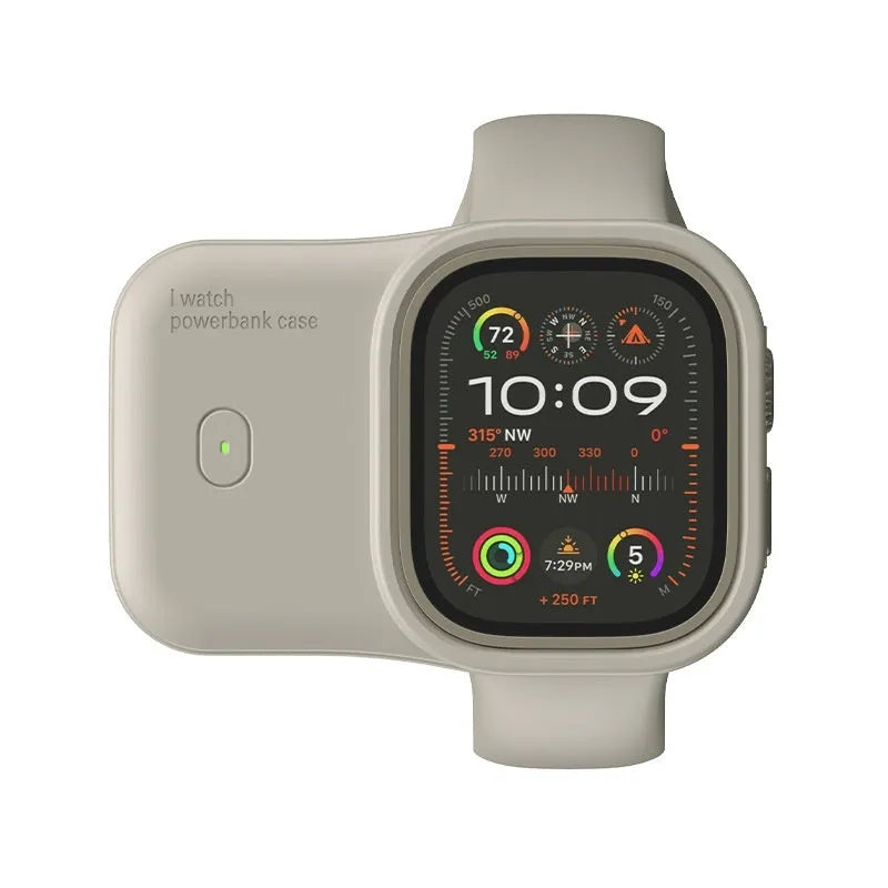Apple Watch portable charging case with silicone cover in brown, midnight blue or starlight colours