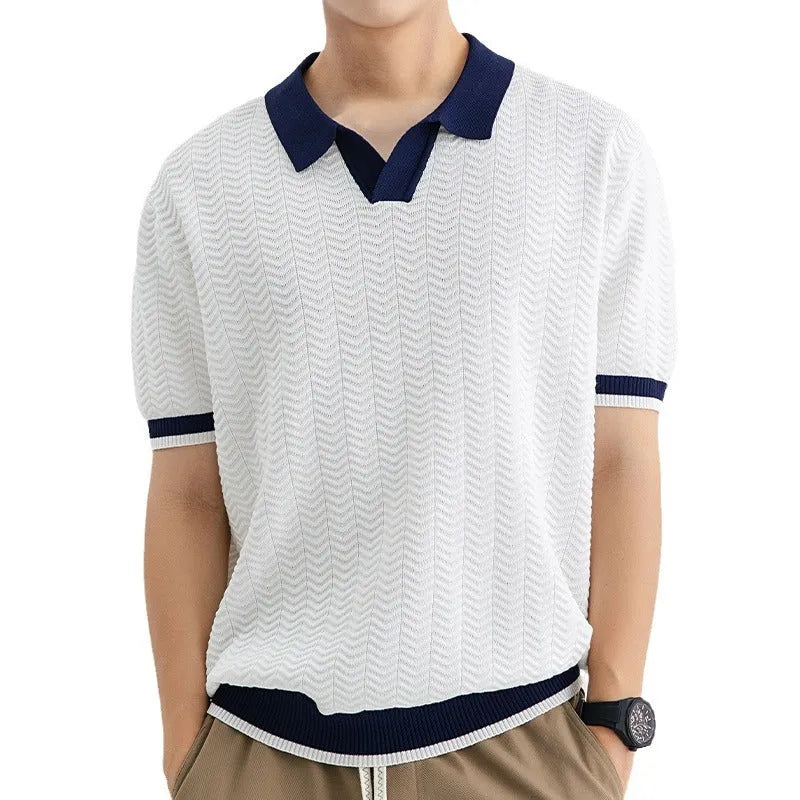 Men's ice silk polo shirt short sleeve regular fit striped pattern in dark green