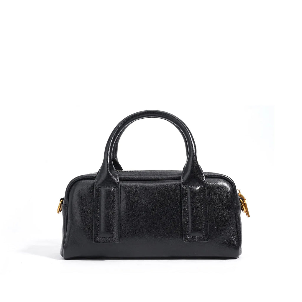 Genuine first layer cowhide crossbody bag in horizontal square shape with external sandwich pocket, available in black, brown, or milkshake white