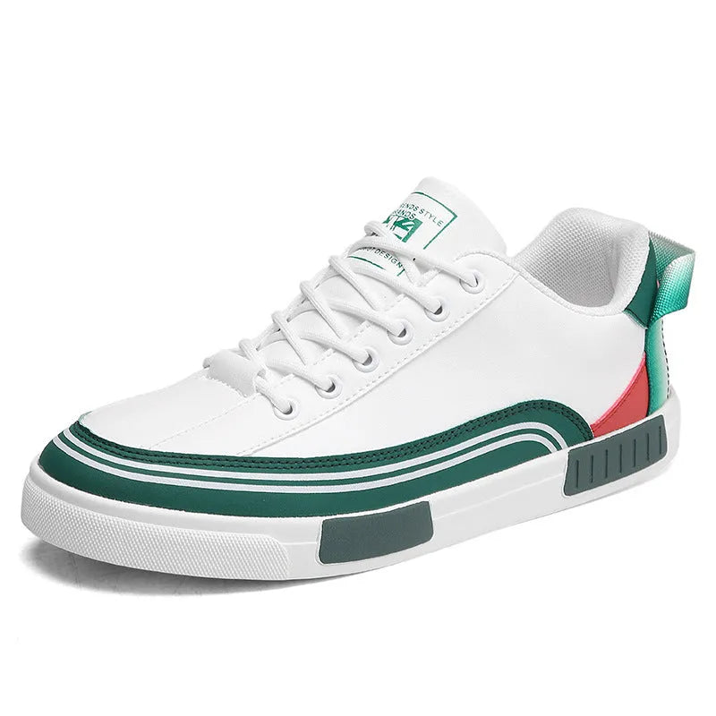 Men's white and green canvas casual shoes with mesh ventilation panels and flat heel