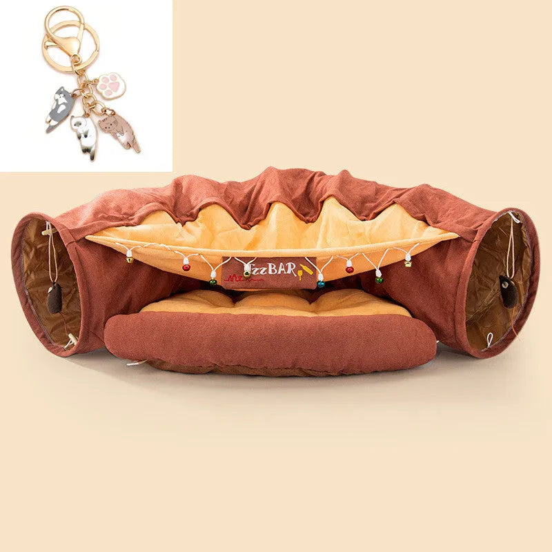 Collapsible cloth cat tunnel toy shown in one of four colours: Bar, Coffee, Matcha, or Pink.