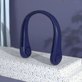 Blue bladeless neck fan hanging around a person's neck, showing USB charging port and control buttons.