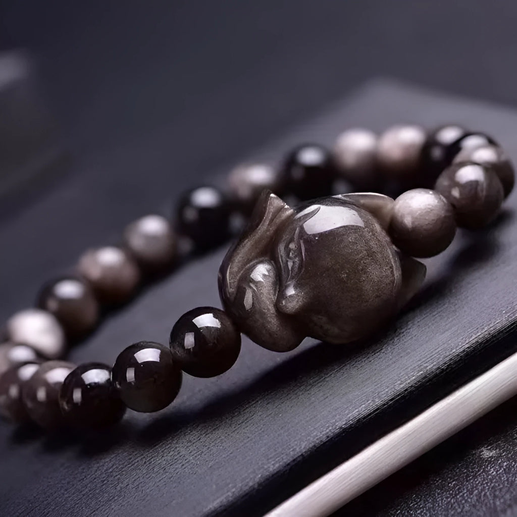 Dark obsidian fox charm bracelet with 8mm stone on silver chain