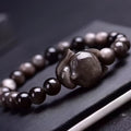 Dark obsidian fox charm bracelet with 8mm stone on silver chain