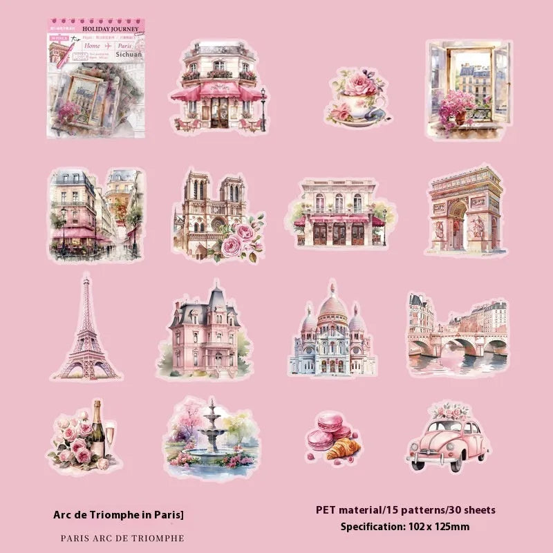 Architecture journal stickers with retro style world landmark designs including Paris Arc de Triomphe and London Big Ben