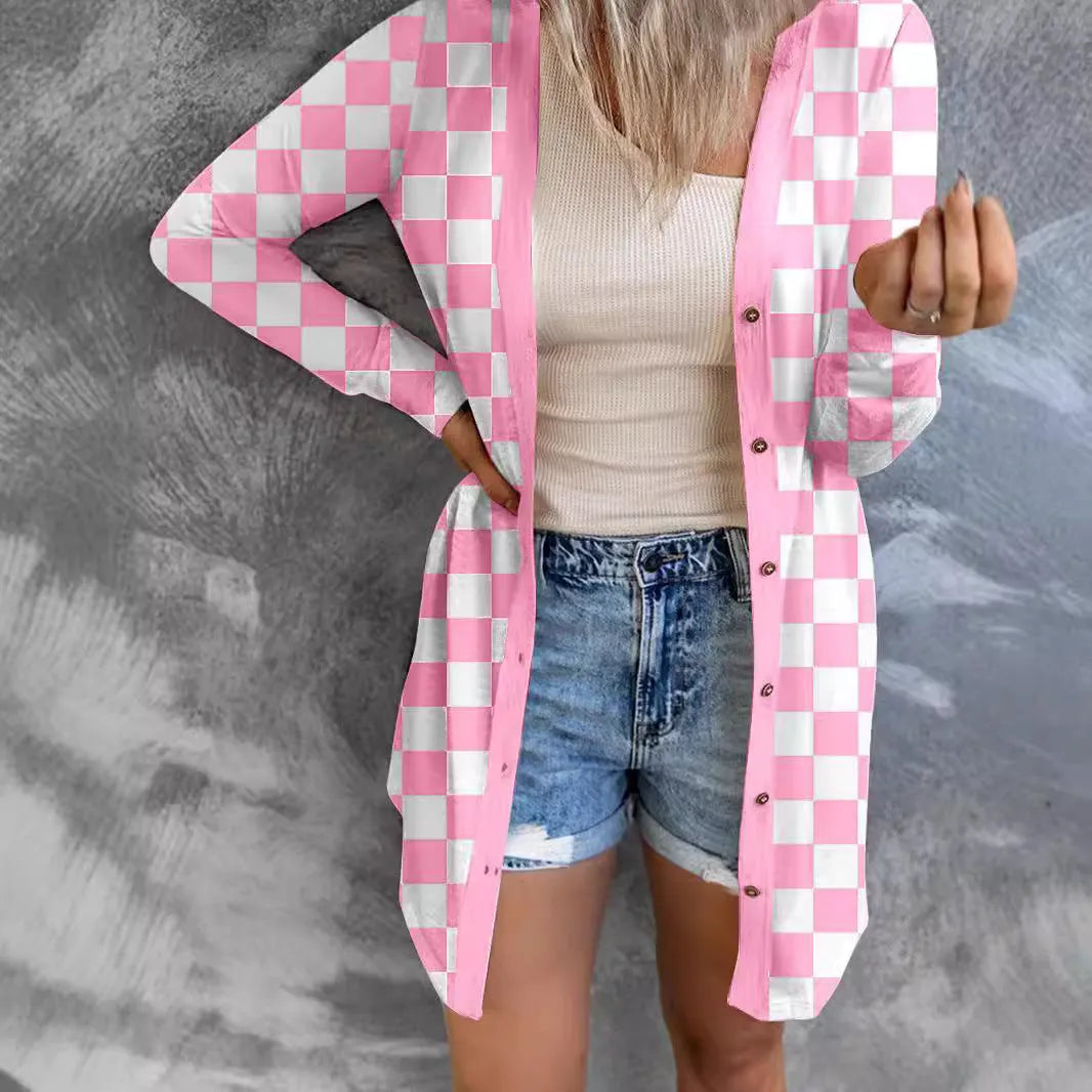 Women's long plaid knitted cardigan coat in polyester fabric with street fashion styling
