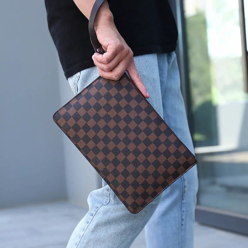 Men's black and brown PU leather clutch wallet with card slots, shown in plaid and smooth finish styles
