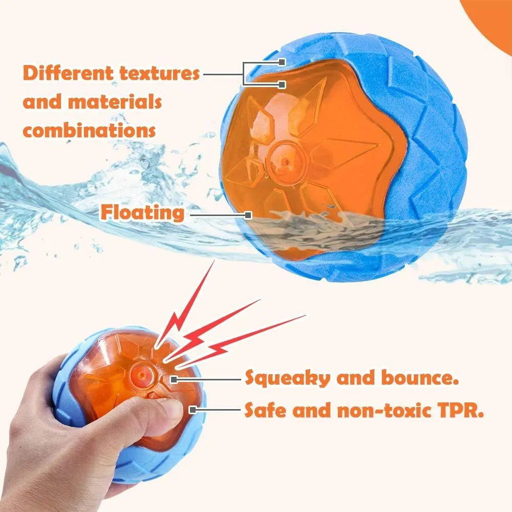 Set of three TPR dog toys: a ball, a barbell, and a tyre with bumpy textures, floating in water.