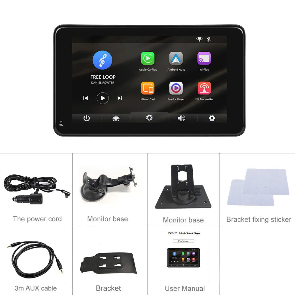7-inch HD wired car audio video player screen with universal support mount and cables