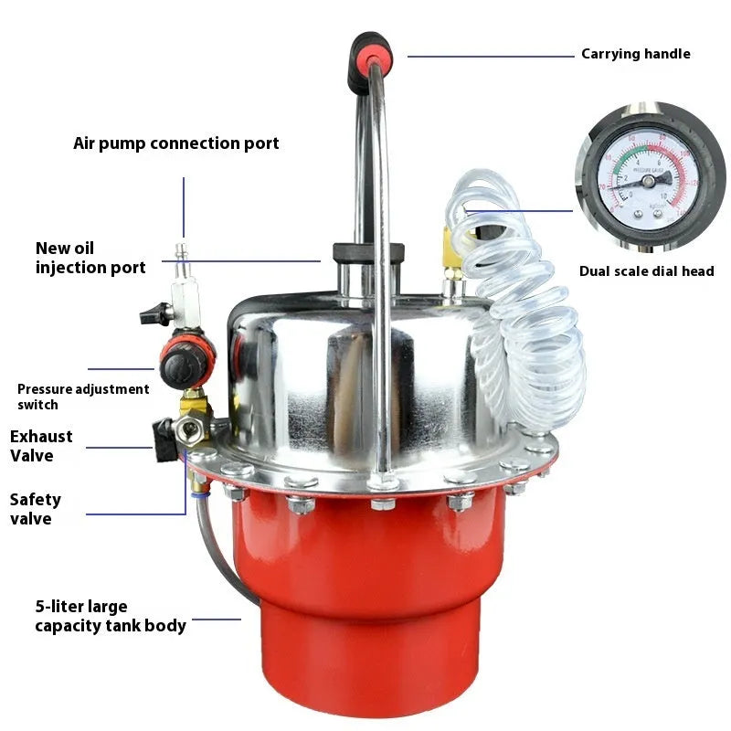 Pneumatic brake fluid replacement machine with large tank, pressure gauge, and regulator on a metal chassis.