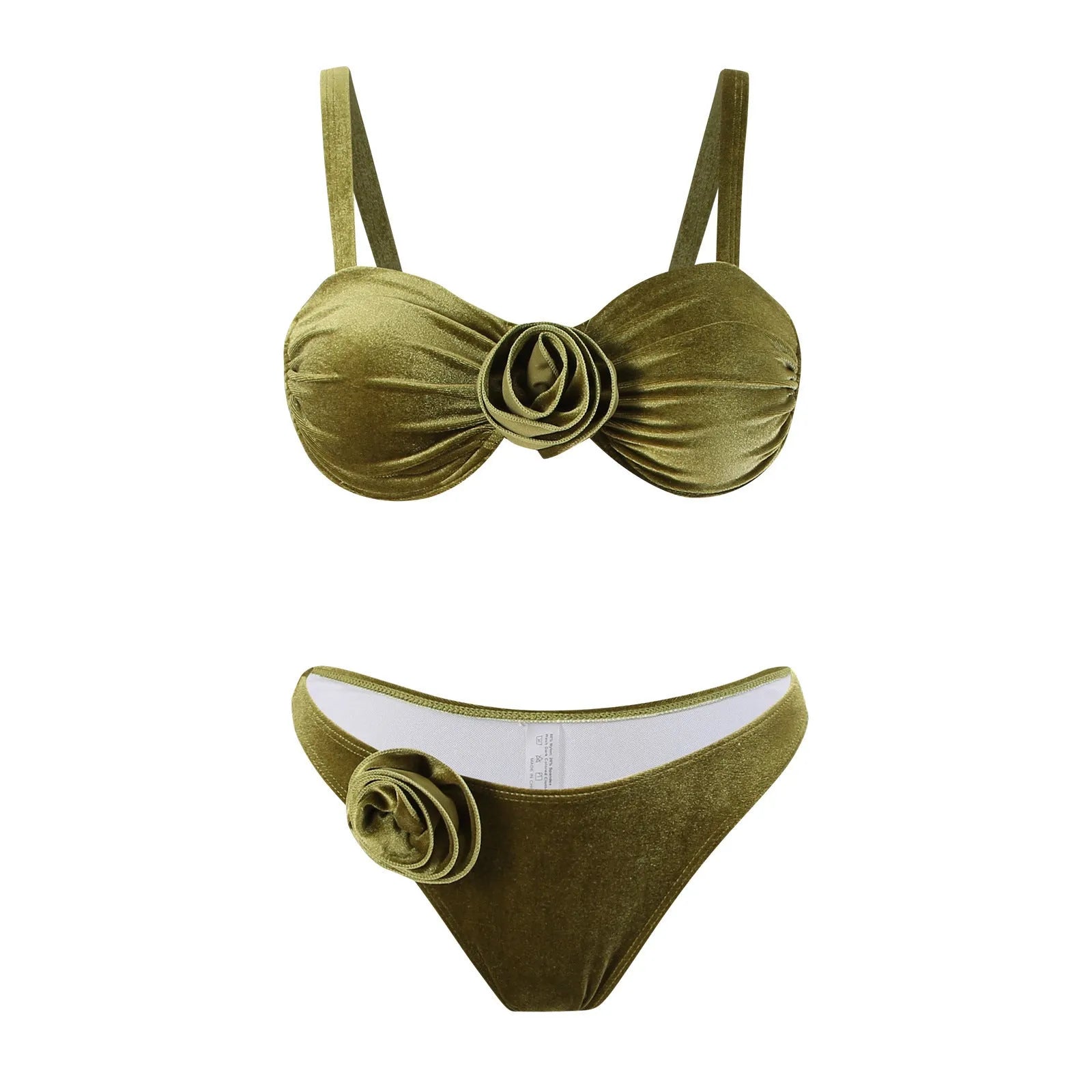 Women's green 3D floral swimsuit briefs with high elasticity and polyester lining