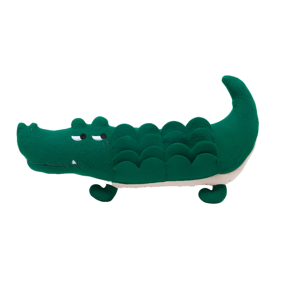 Green plush toy dog on a white background showing its 35x18cm size