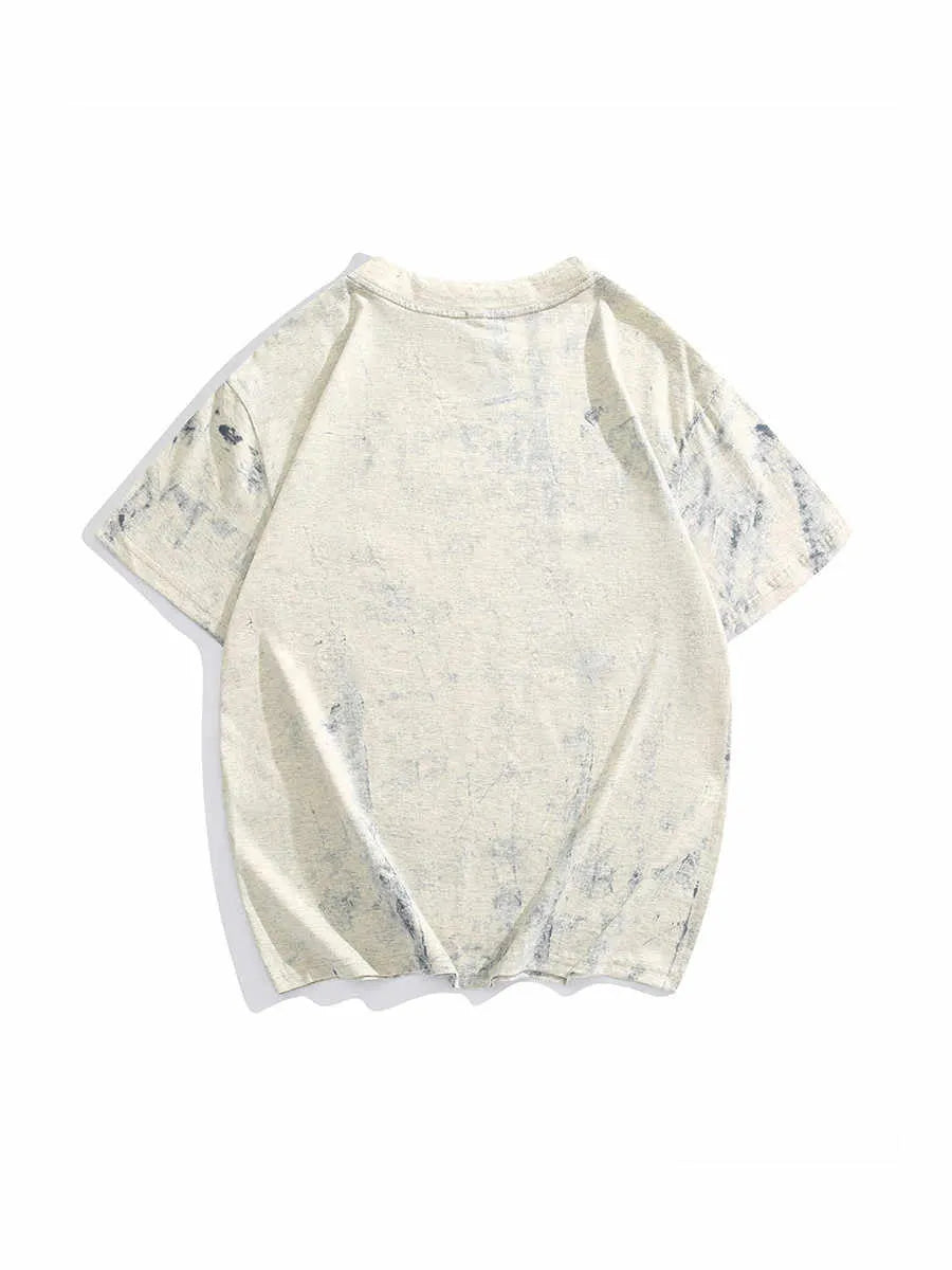 Grey loose-fit tie dye T-shirt with full printing paint design and short sleeves.