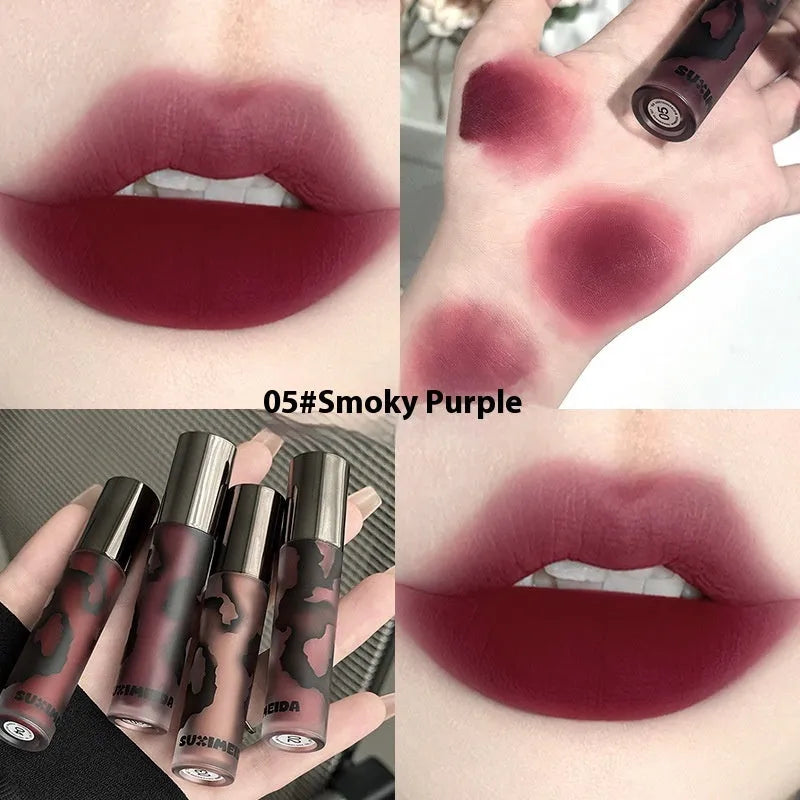 Lava Secret Matte Lip Mud Lipstick in five shades: orange brown coffee, cool grey, cinnamon coffee, jujube red, and smoked purple.