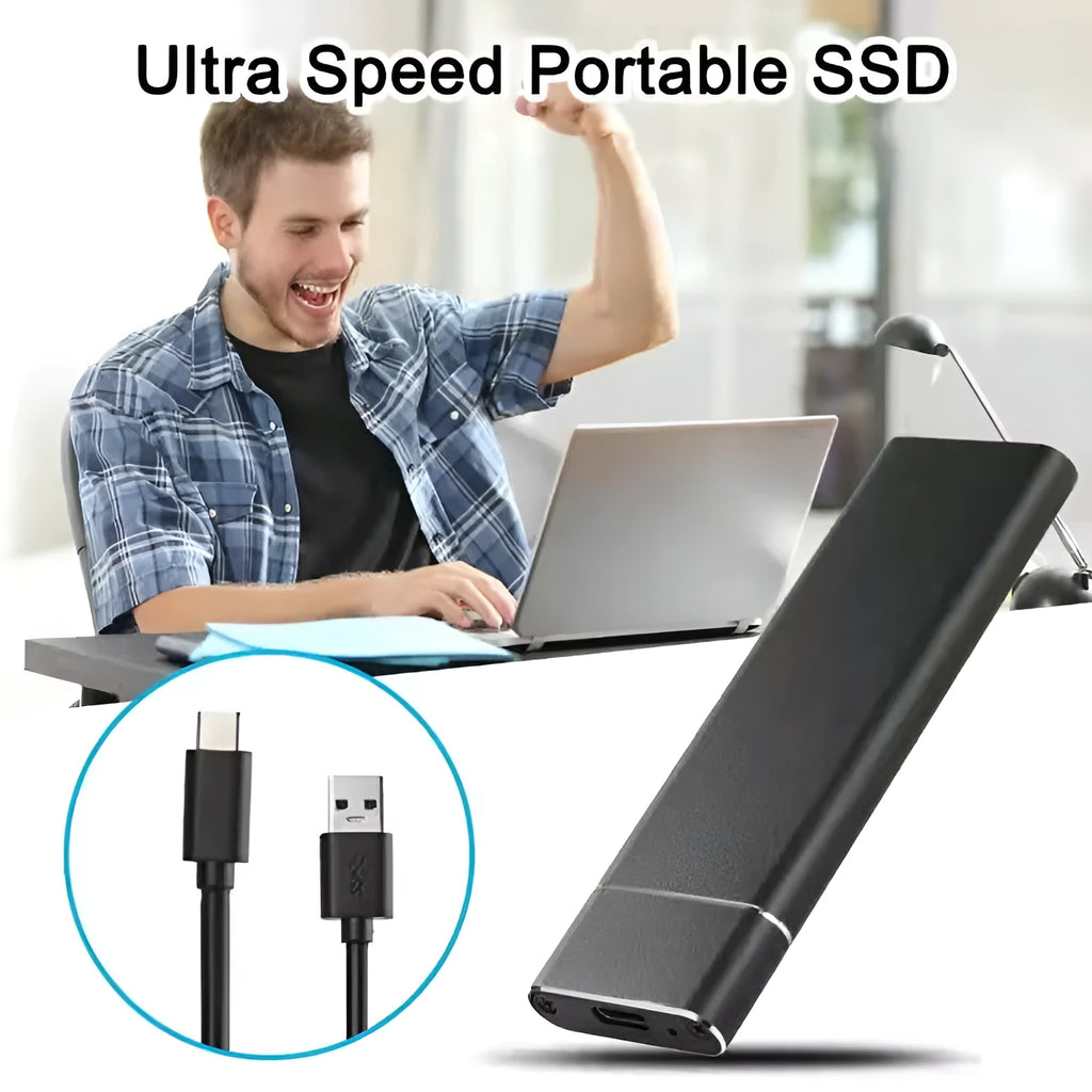 Silver ultra-thin metal SSD mobile hard disk with data cable on a desk