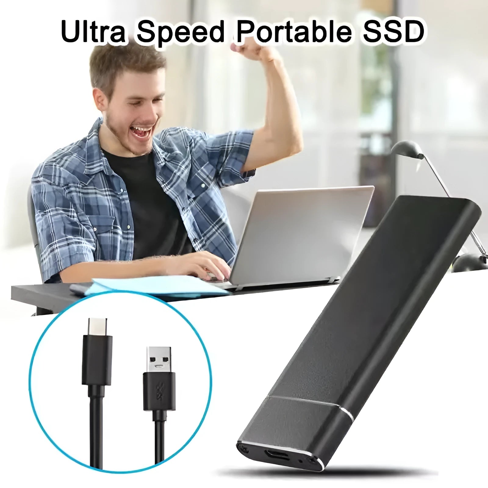 Silver ultra-thin metal SSD mobile hard disk with data cable on a desk