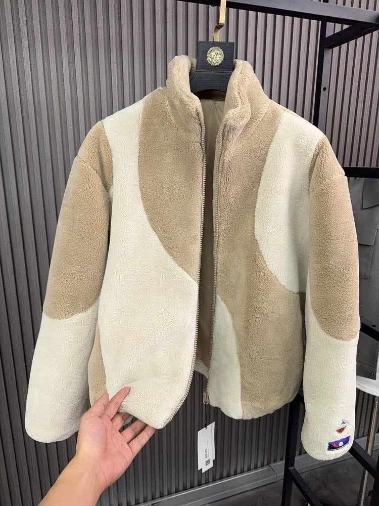 Men's khaki contrast collar standing coat polyester autumn winter front view