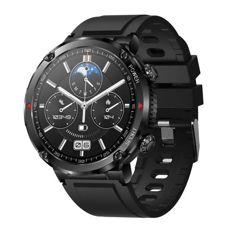 T30 Smart Watch in black on wrist, showing 52mm IPS screen displaying time and heart rate.