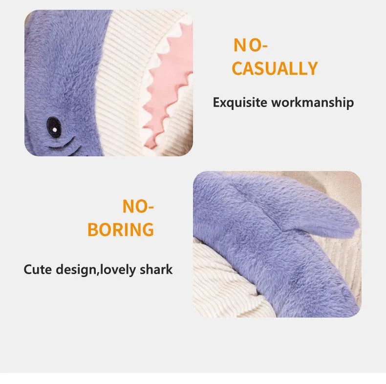 Blue shark pattern velvet pet bed cushion with non-slip bottom for small to medium dogs