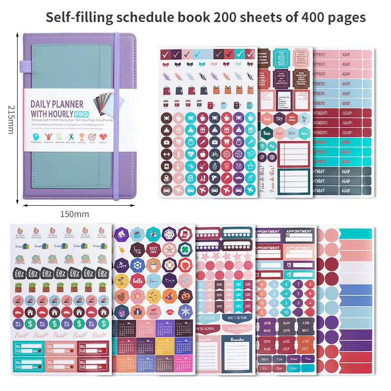 A6 self-filled notebook with PU cover in various colours, shown open on wooden table.