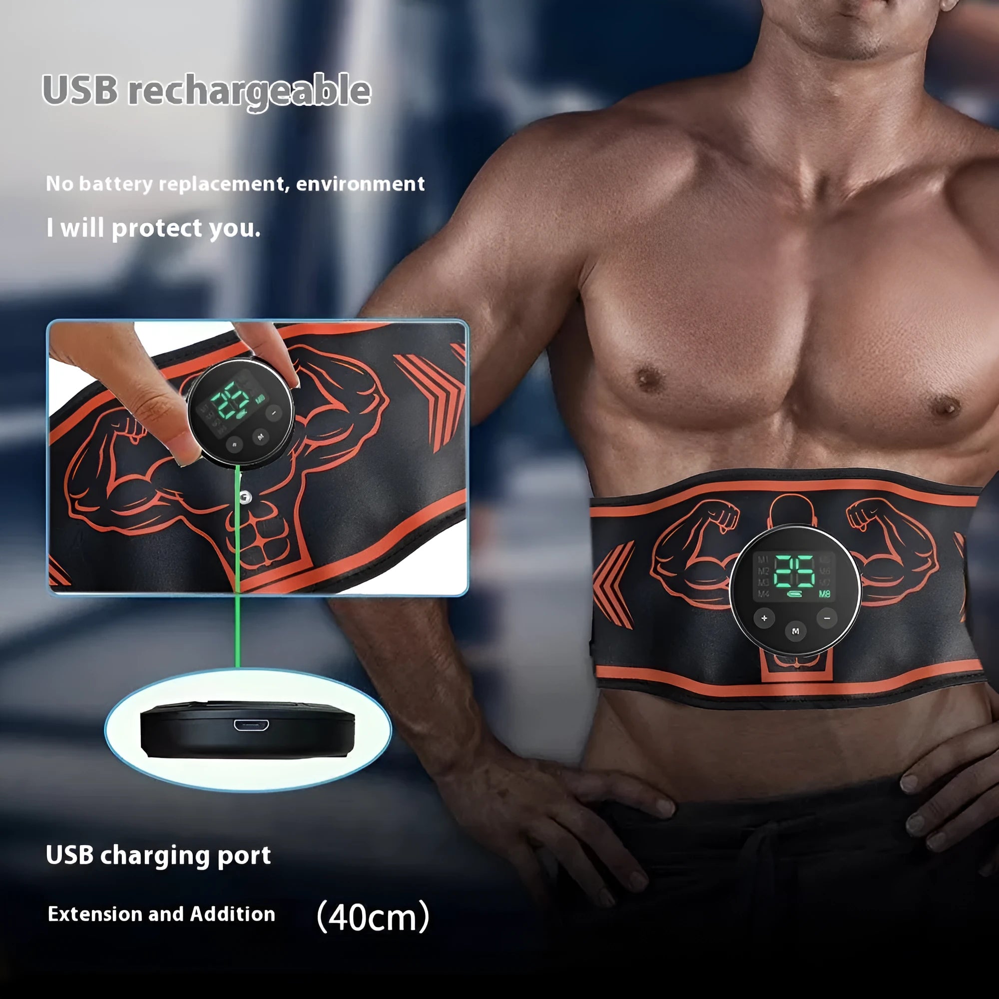 Smart massage belt fitness equipment showing orange and blue options with rechargeable host unit, belt, and arm stickers