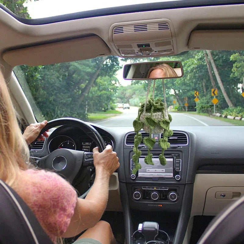 Green and white crochet knitted car plant decoration with rattan basin and white rope.